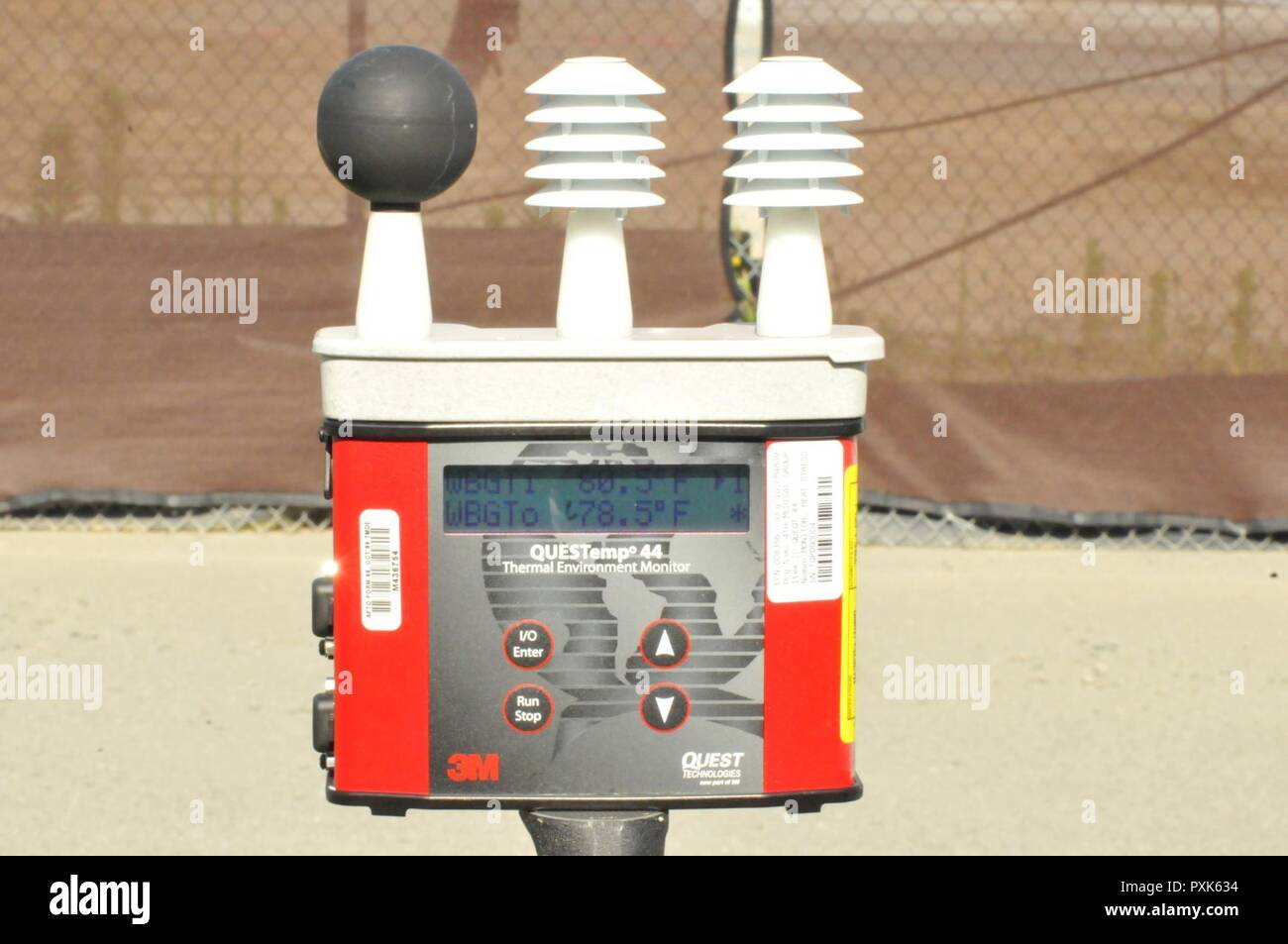 The Wet Bulb Globe Temperature instrument is used to determine relative humidity and outside temperatures. It’s used to keep Airmen safe while working outside to ensure they do not get hot or overheated. The WBGT is used during the exercise to support work cycles of Airmen who are building pallets or working on the flight line during the exercise. Stock Photo