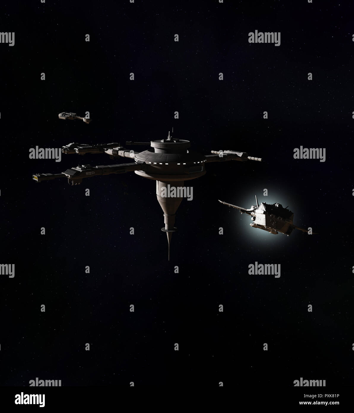 Interstellar Spaceship Leaving a Deep-Space Space Station Stock Photo