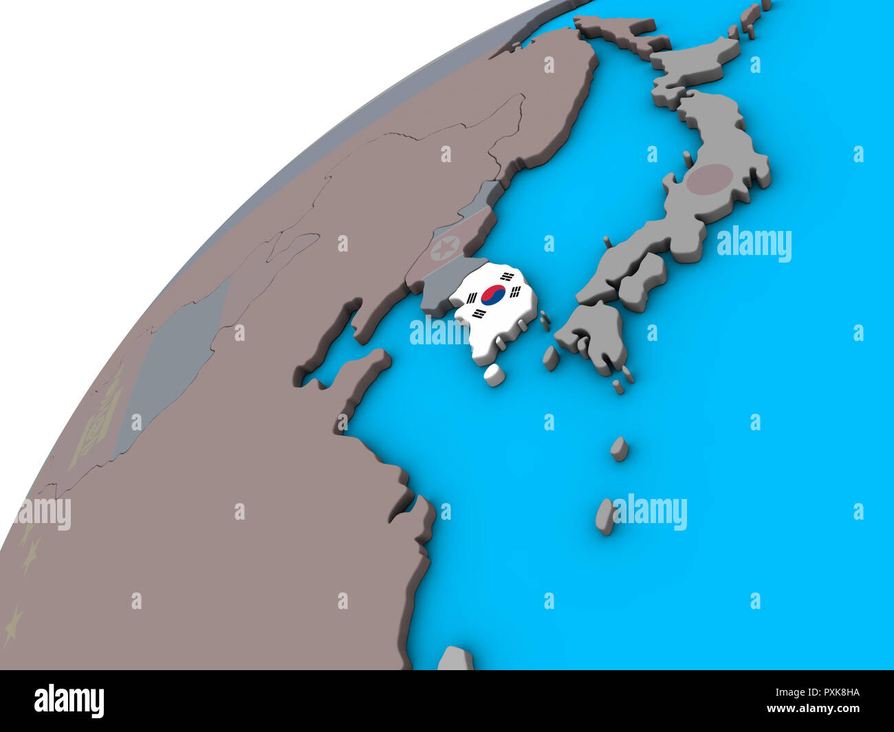 South Korea with national flag on 3D globe. 3D illustration Stock Photo ...