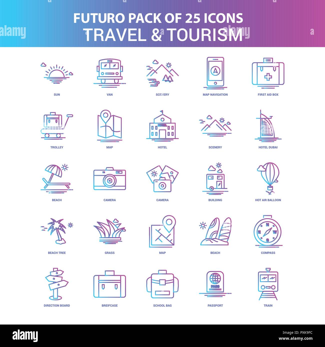 25 Blue and Pink Futuro Travel and Tourism Icon Pack Stock Vector Image ...