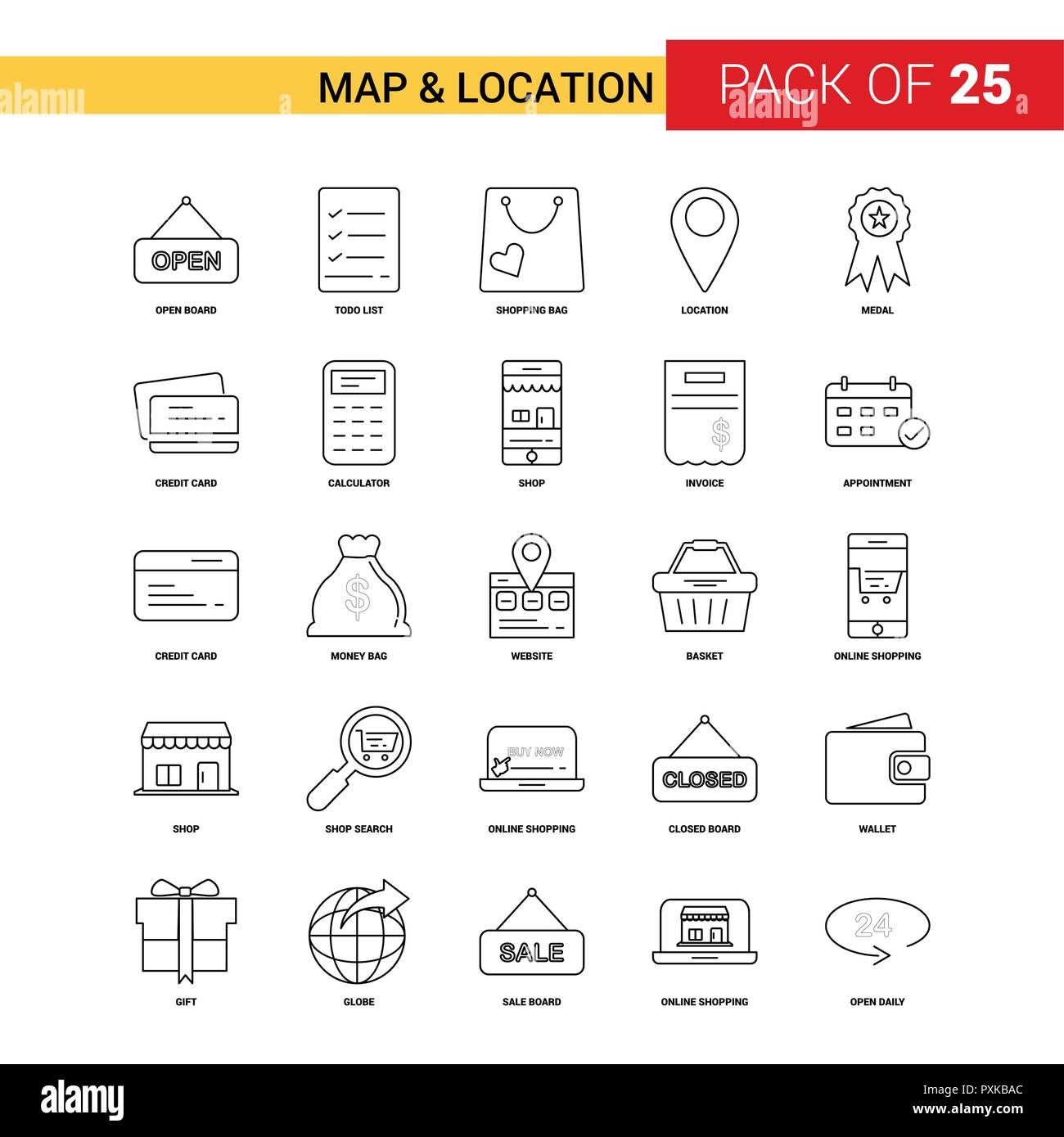 Map and Location Black Line Icon - 25 Business Outline Icon Set Stock ...