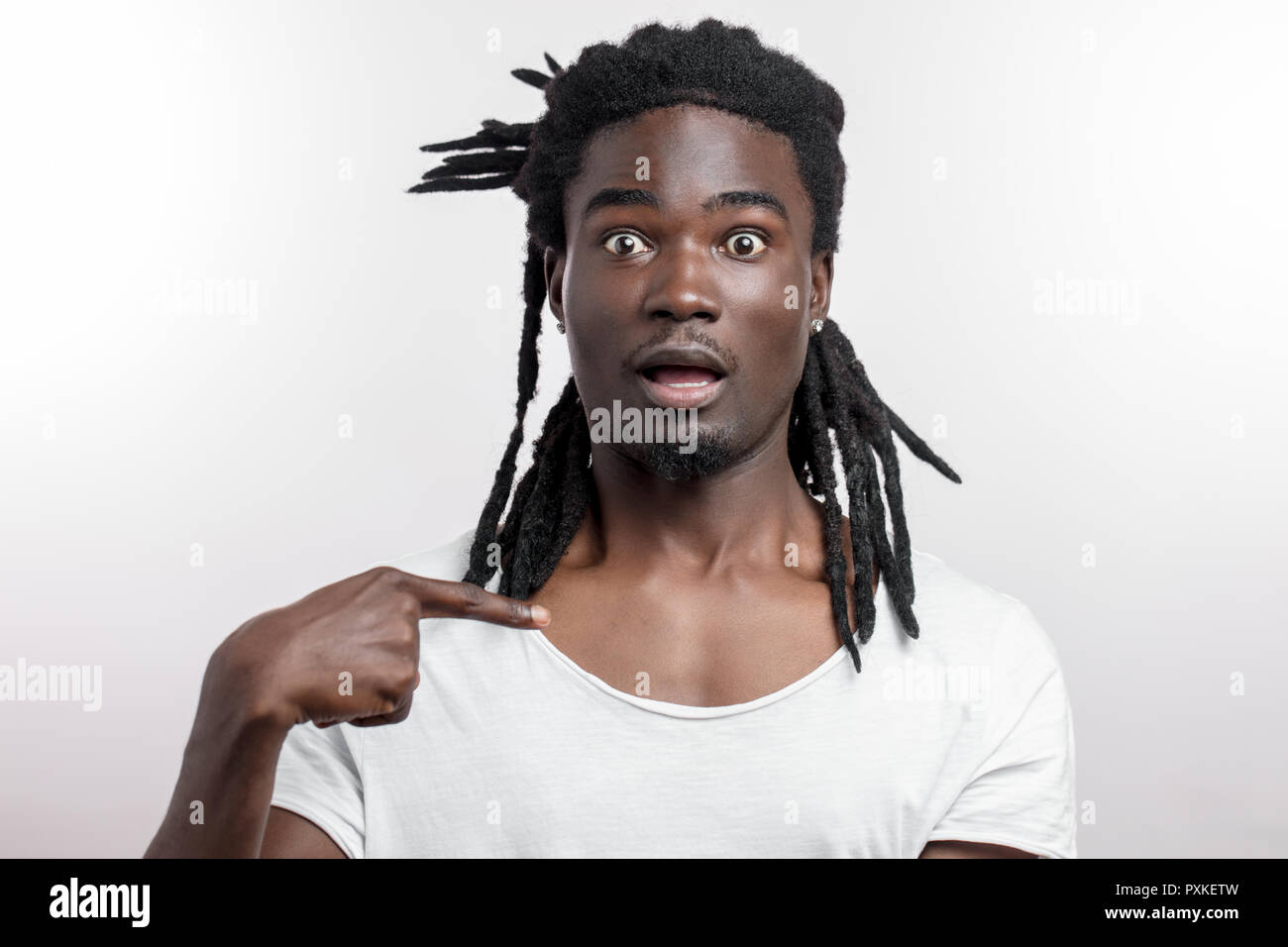 Black Man Pointing At Himself Asking Who Me Stock Photo Alamy