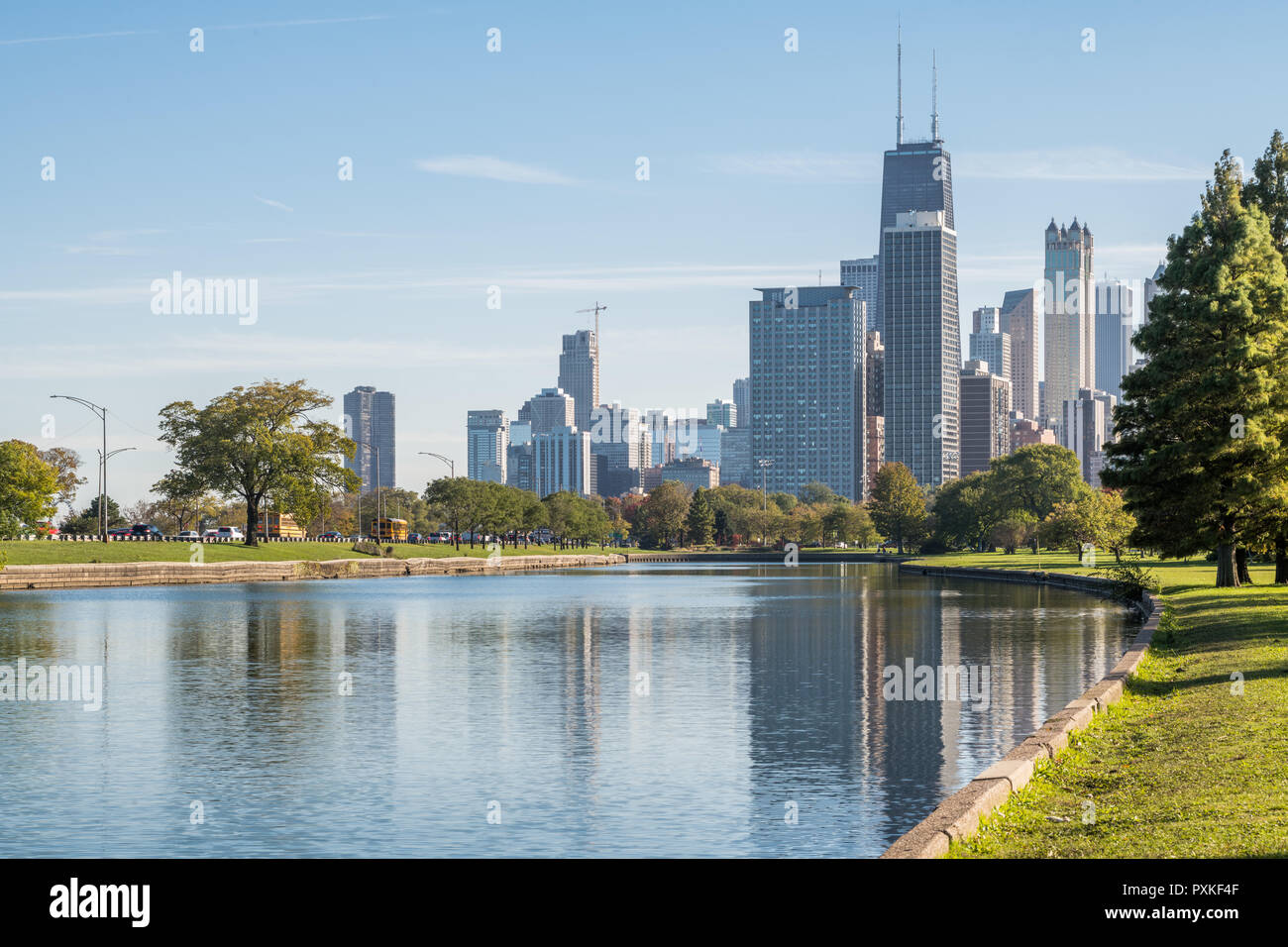 Skyline of downtown Chicago seen from the South Lagoon in Lincoln Park Stock Photo