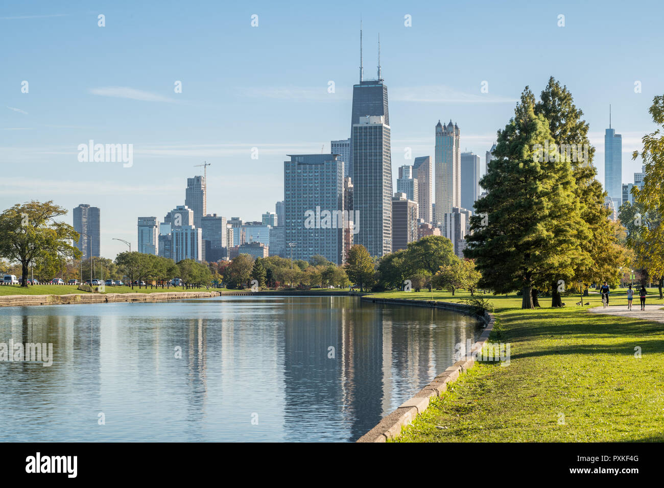 Skyline of downtown Chicago seen from the South Lagoon in Lincoln Park Stock Photo