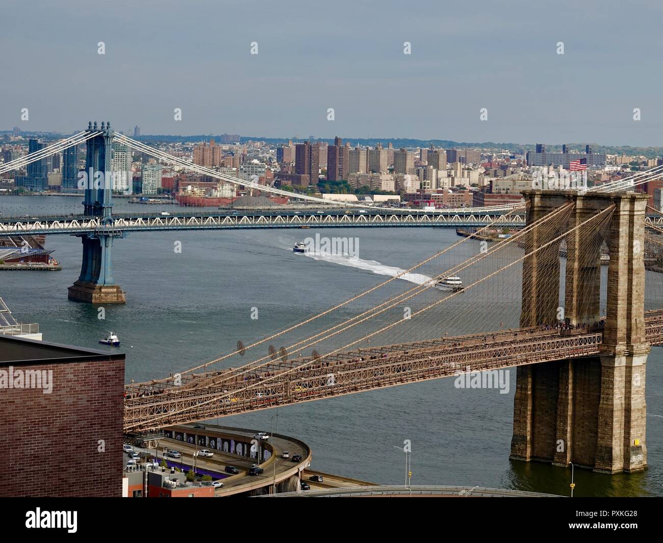 Rooftop view of the Brooklyn and Manhattan bridges, the FDR Parkway, and the East River, Lower
