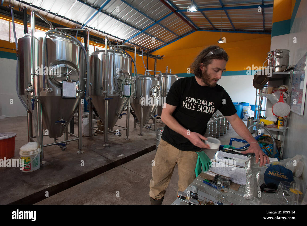 working on the production of craft beer in Cerveceria del Valle, which he created. Stock Photo