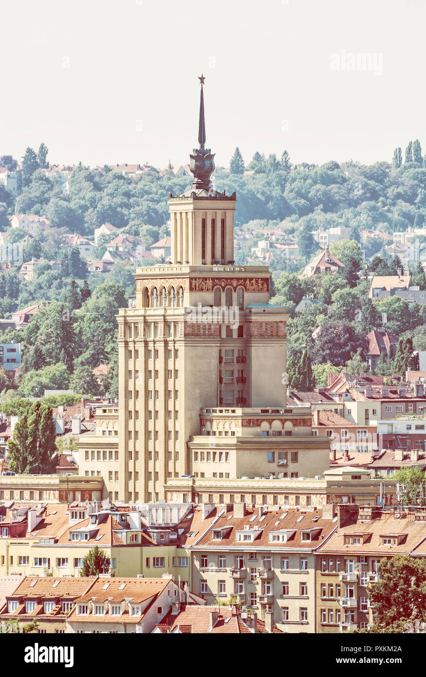 Hotel International, Prague, Czech republic. Architectural scene. Travel destination. Yellow photo filter. Stock Photo