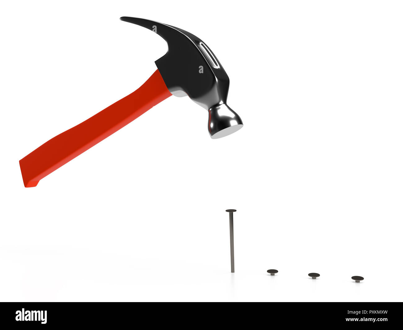 Hammer and nails on white background, isolated. 3D rendering Stock