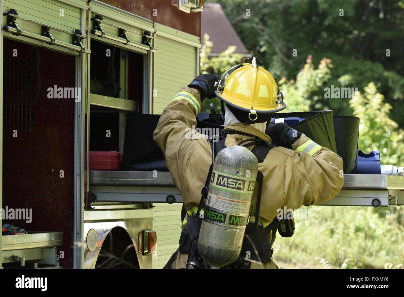 A fire fighter with the North Carolina Nation Guard's Army and Air Force firefighting team