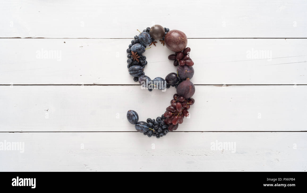 Number 9 made from fresh fruit. Number one to ten separately