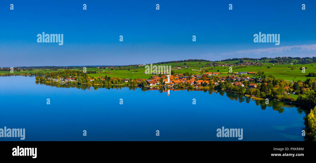 Riegsee village on lake Riegsee, Upper Bavaria, Bavaria, Germany, Europe Stock Photo