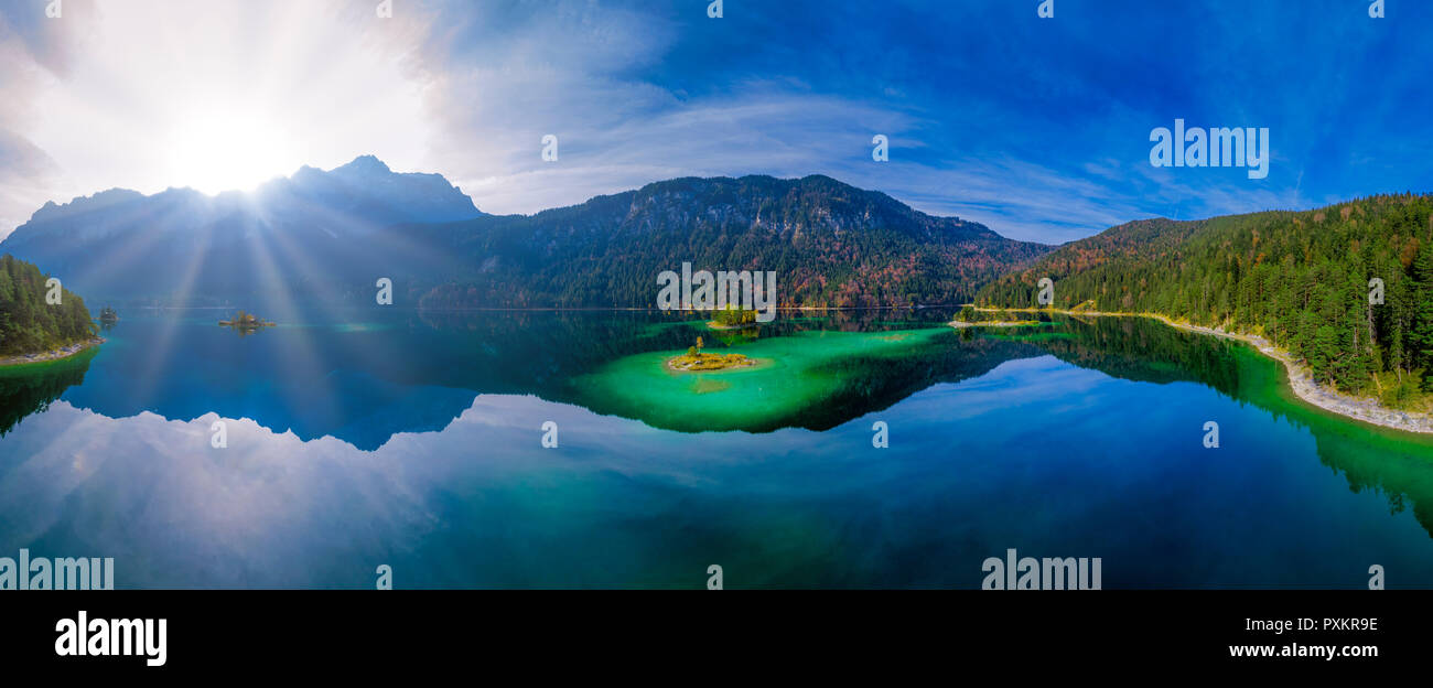 Aerial view, Eibsee lake with Islands and Zugspitze, Wetterstein range ...