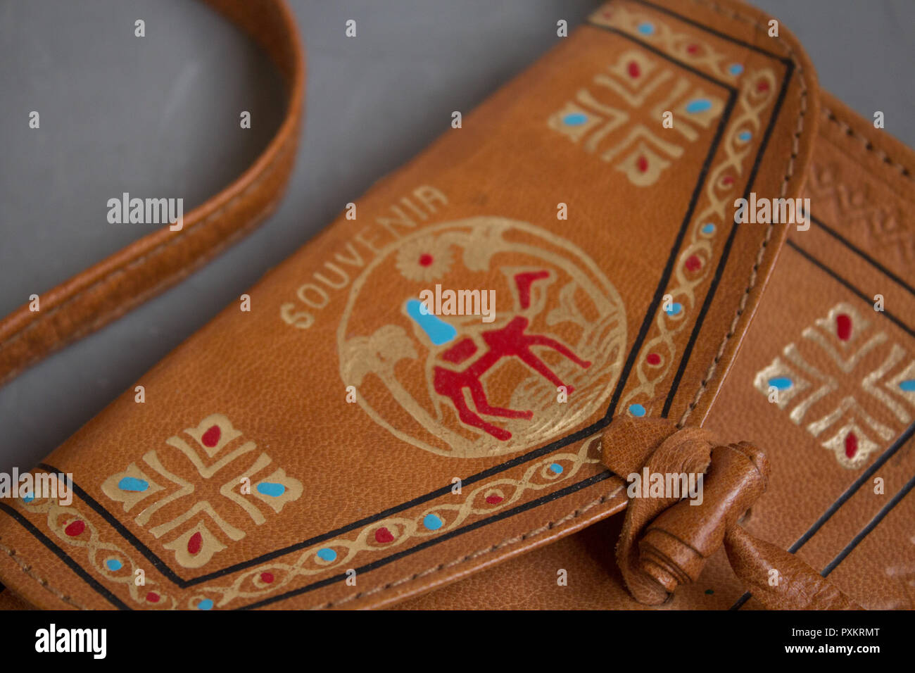 Moscow, Russia 10 23 2018 Egyptian souvenir leather bag with pattern