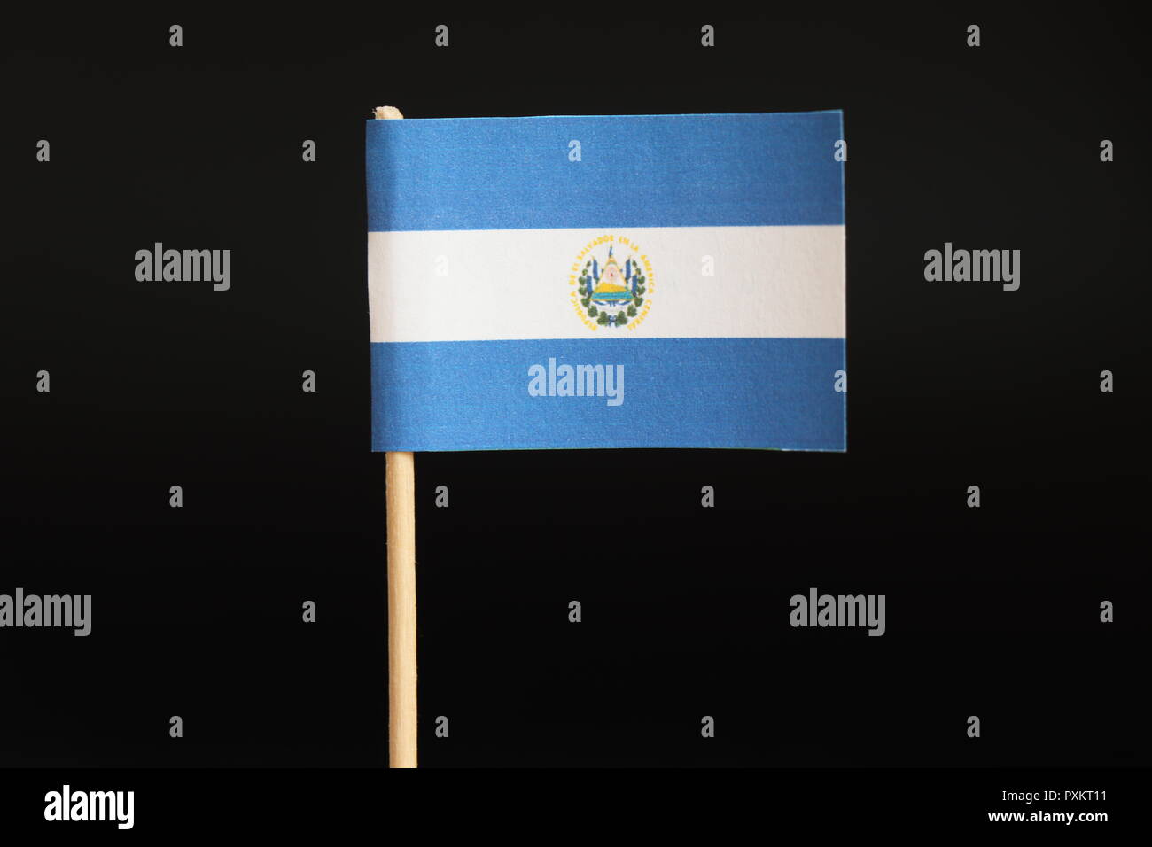 A beautiful original Flag of Guatemala on wooden stick on black background. Guatemala is a land located between pacific and atlantic ocean. Flag conta Stock Photo