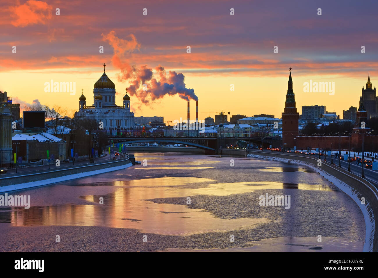 Sunset over Moscow river, Moscow Stock Photo