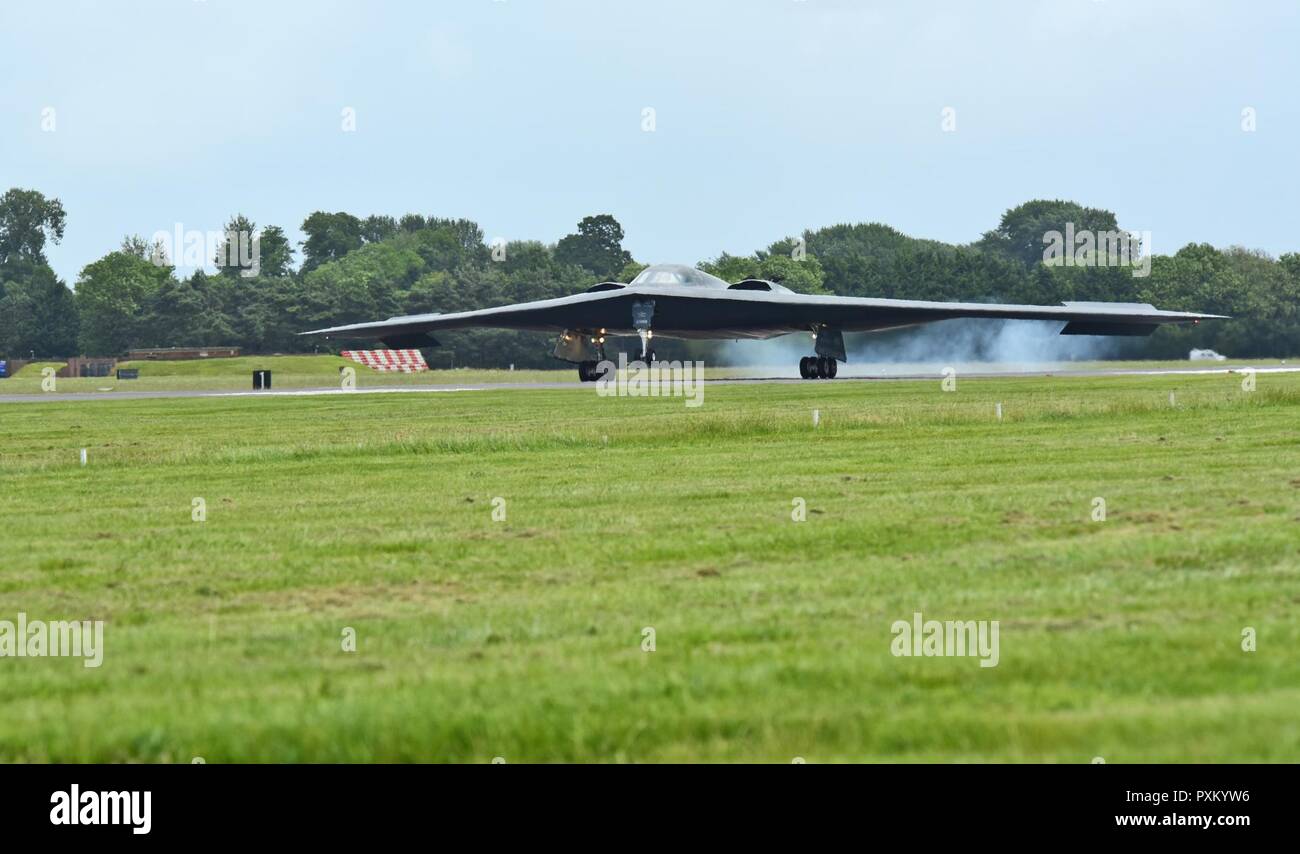 A B-2 Spirit deployed from Whiteman Air Force Base, Mo., lands on the flightline at RAF Fairford, U.K., June 9, 2017. The B-2 regularly conducts strategic bomber missions that demonstrate the credibility of the bomber forces to address a global security environment. Stock Photo
