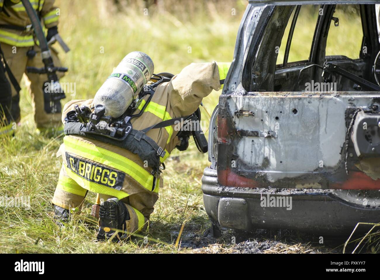 North Carolina National Guard firefighter Spc. Chris Briggs with the 677th Firefighting Team