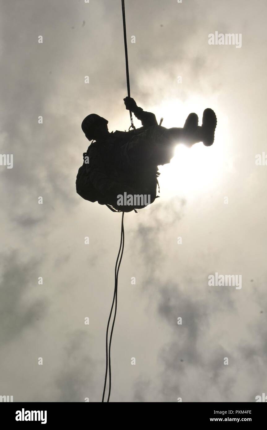 A Soldier rappels from a 70-foot tower during the Air Assault course held at Camp Rilea in Warrenton, Oregon, June 7, 2017. Students practiced rappelling from a tower in preparation to rappel from a UH-60 Black Hawk helicopter in order to be awarded the Air Assault badge. The course consisted of physical training, ruck marches, classroom instruction, and hands-on practical exercises. Stock Photo