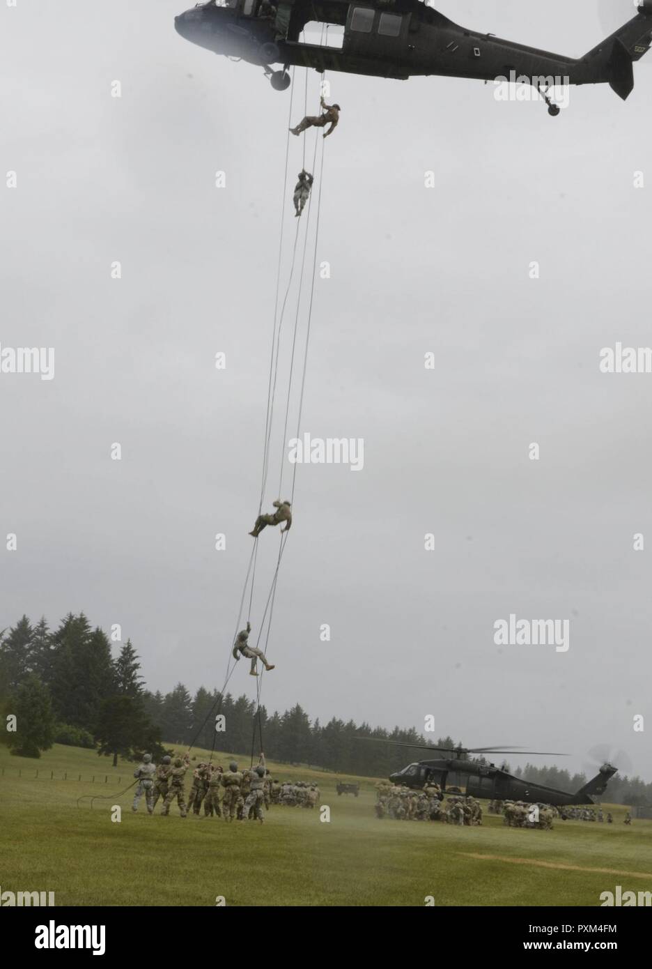 Soldiers and Airmen rappel out of a UH-60 Black Hawk helicopter during the Air Assault course held at Camp Rilea in Warrenton, Oregon, June 8, 2017. Rappelling is one of the tests service members must complete to be awarded the Air Assault badge. The course consists of physical training, ruck marches, classroom instruction, and hands-on practical exercises. Stock Photo