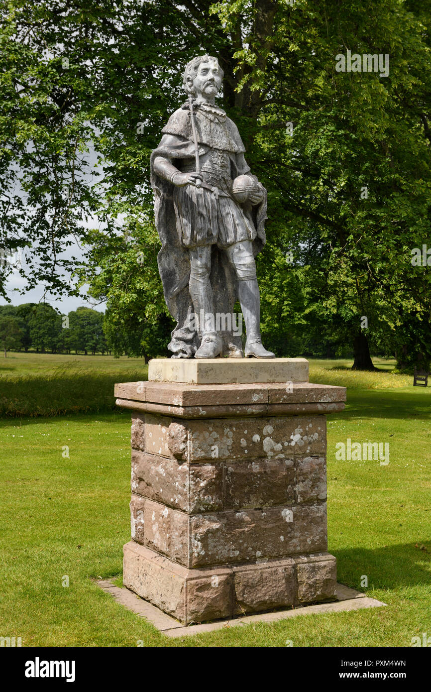 Life size lead statue of King James VI of Scotland and King James I of England with orb and sceptre at Glamis Castle Scotland UK Stock Photo