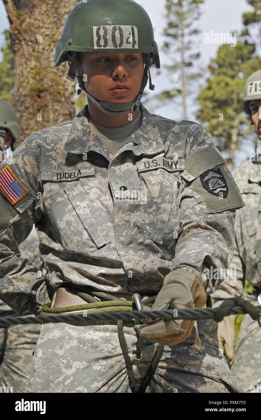 Oregon Army National Guard Cadet Sascha Tudela, a human resource specialist with Headquarters and Headquarters Company, 821st Troop Command Battalion, 82nd Brigade (Troop Command), practices rappelling procedures during the Air Assault course held at Camp Rilea in Warrenton, Oregon, June 7, 2017. Students practiced rappelling on a tower in preparation for one of their final tests of rappelling out of a UH-60 Black Hawk helicopter in order to be awarded the Air Assault badge. Stock Photo