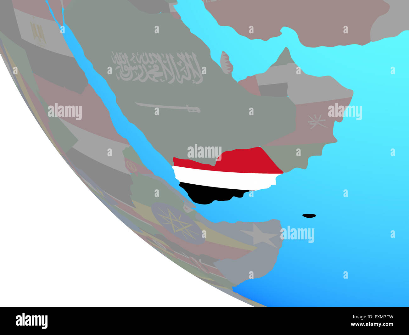 Yemen with national flag on simple globe. 3D illustration Stock Photo ...