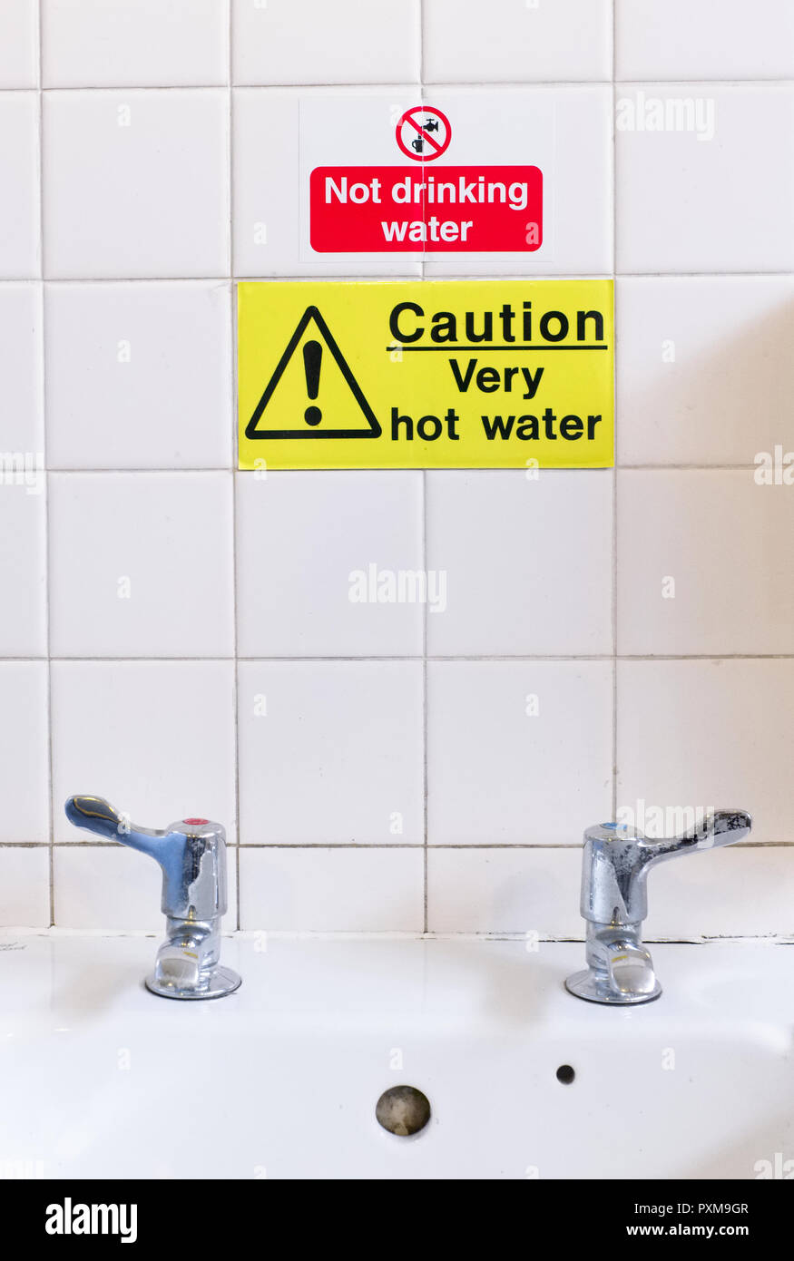 Caution Very Hot Water Sign Above Taps No Thermostatic Temperature