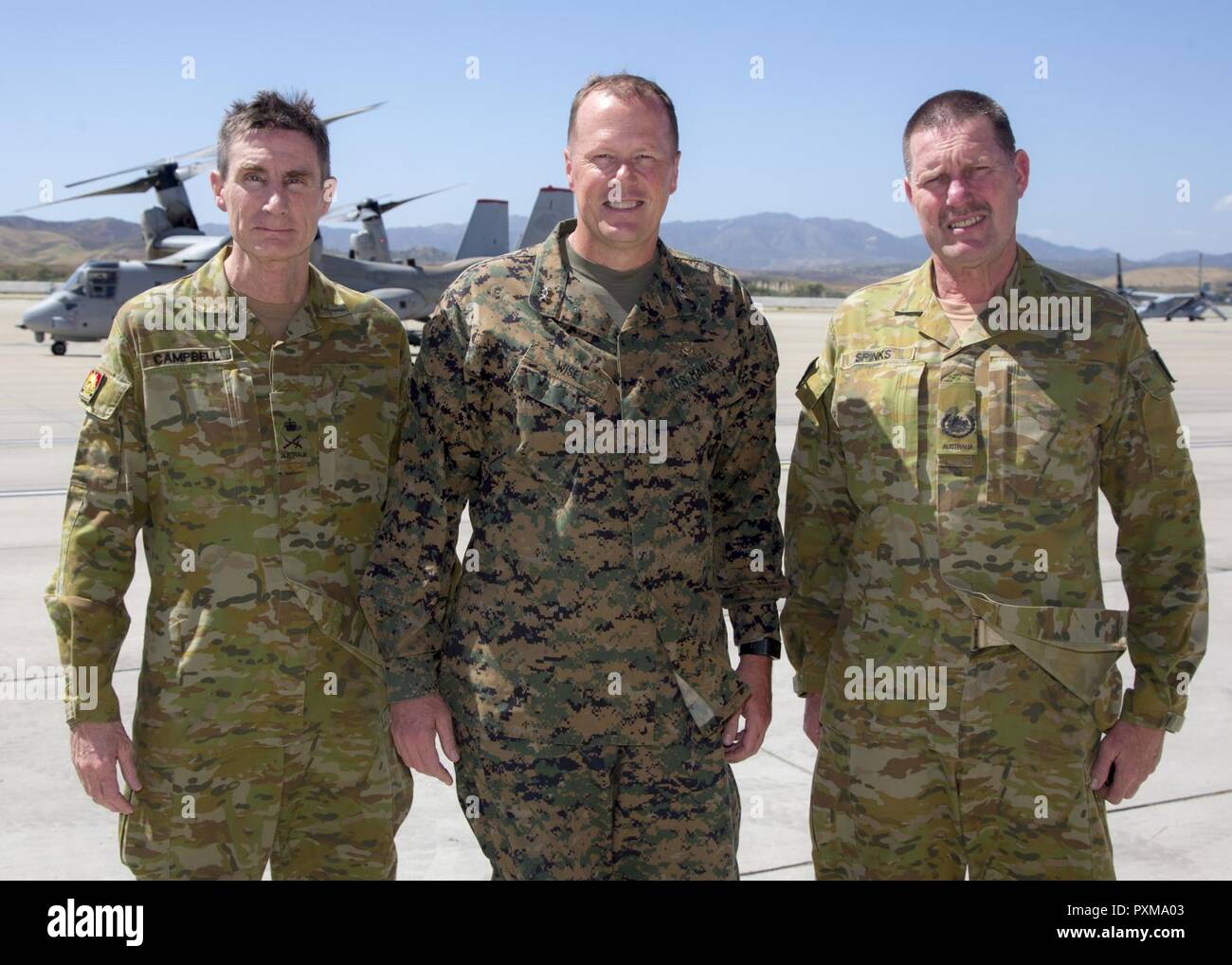 From the left, Chief of the Australian Army, Lieutenant General Angus Campbell; Commanding of 3d Marine Aircraft Wing, Gen. Mark R. and the Regimental Sergeant Major the Australian
