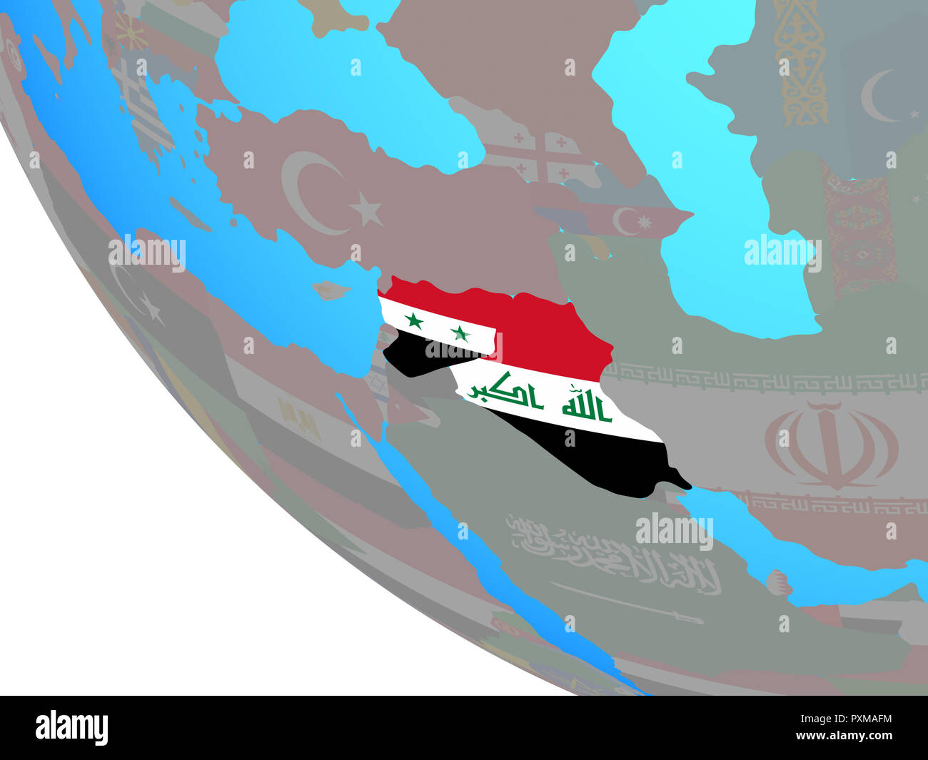 Islamic State with national flags on simple globe. 3D illustration. Stock Photo