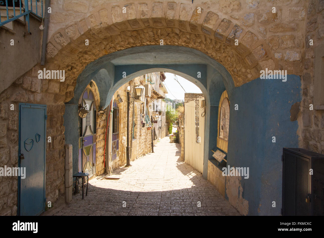 Blue archway in the historic town of Safed (Tsfat), Israel, the city of Kabbalah and Jewish Mysticism. Stock Photo