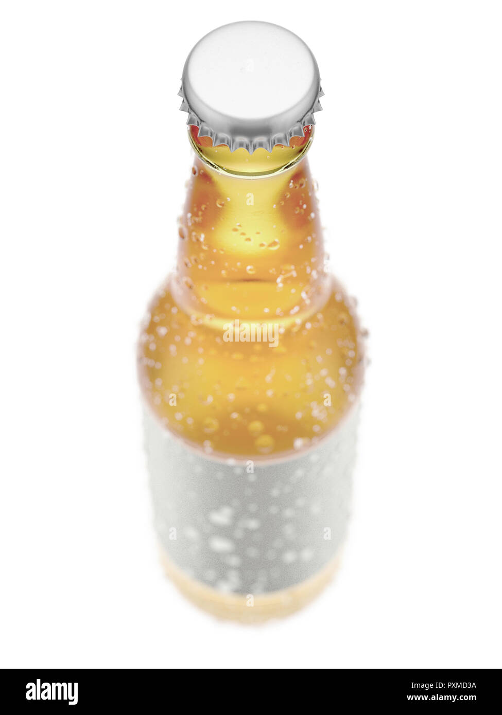 A clear glass beer or cider bottle with a blank label and condensation droplets on an isolated white studio background - 3D render Stock Photo