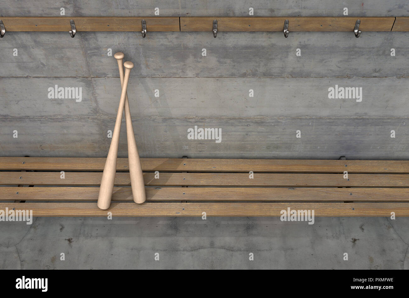 Two Baseball Bats On A Wooden Bench In A Rundown Sports Locker