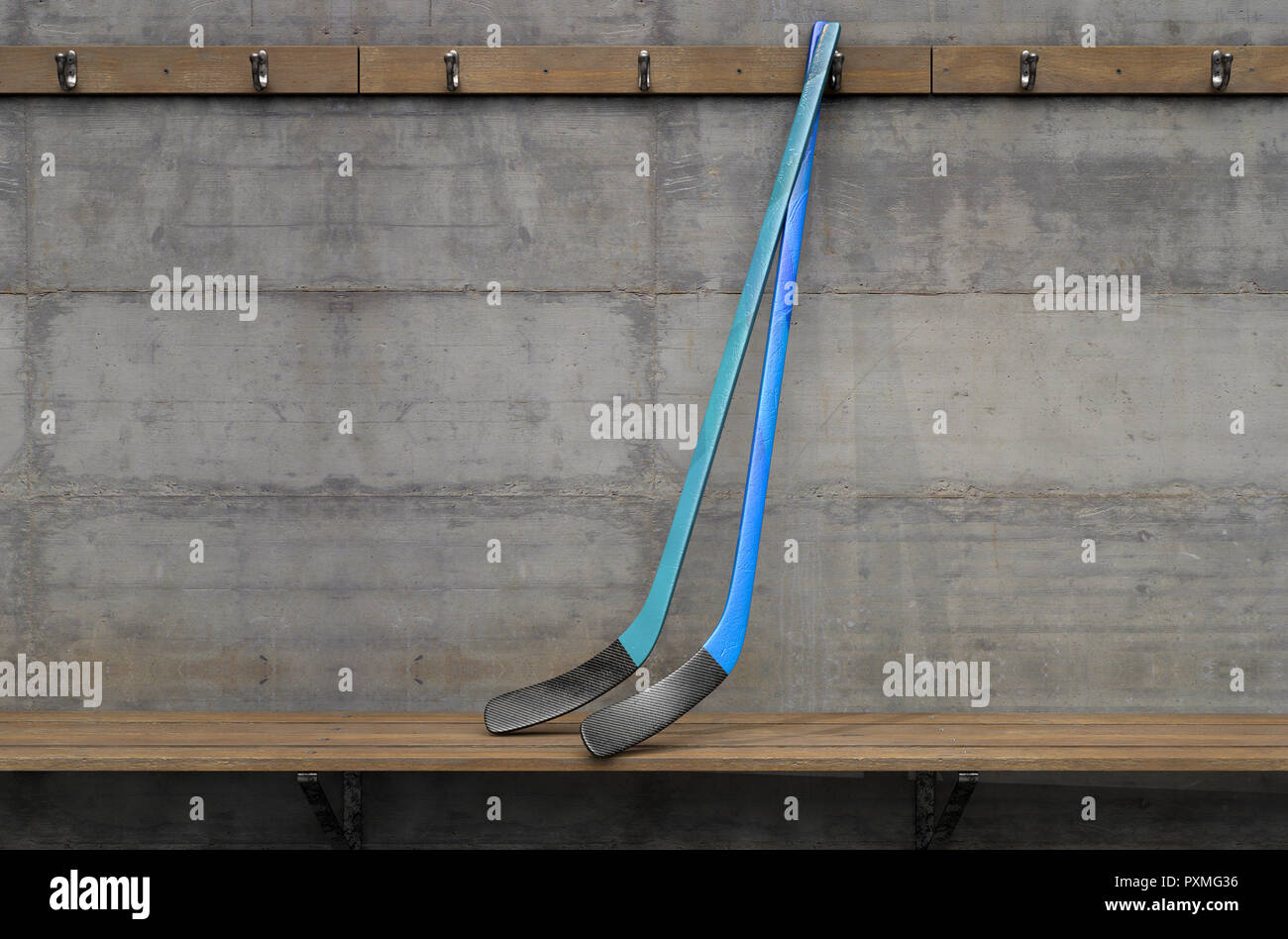 Two ice hocket sticks on a wooden bench in a rundown sports locker change room - 3D render Stock Photo