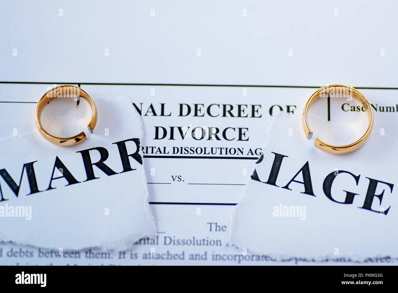 Divorce decree and two broken wedding rings. Divorce and separation