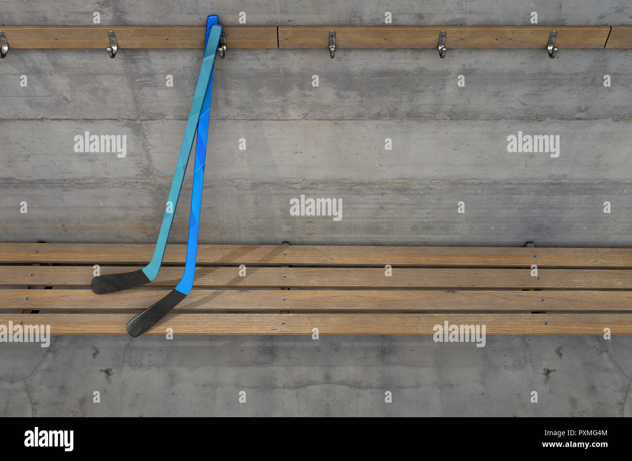 Two ice hocket sticks on a wooden bench in a rundown sports locker change room - 3D render Stock Photo