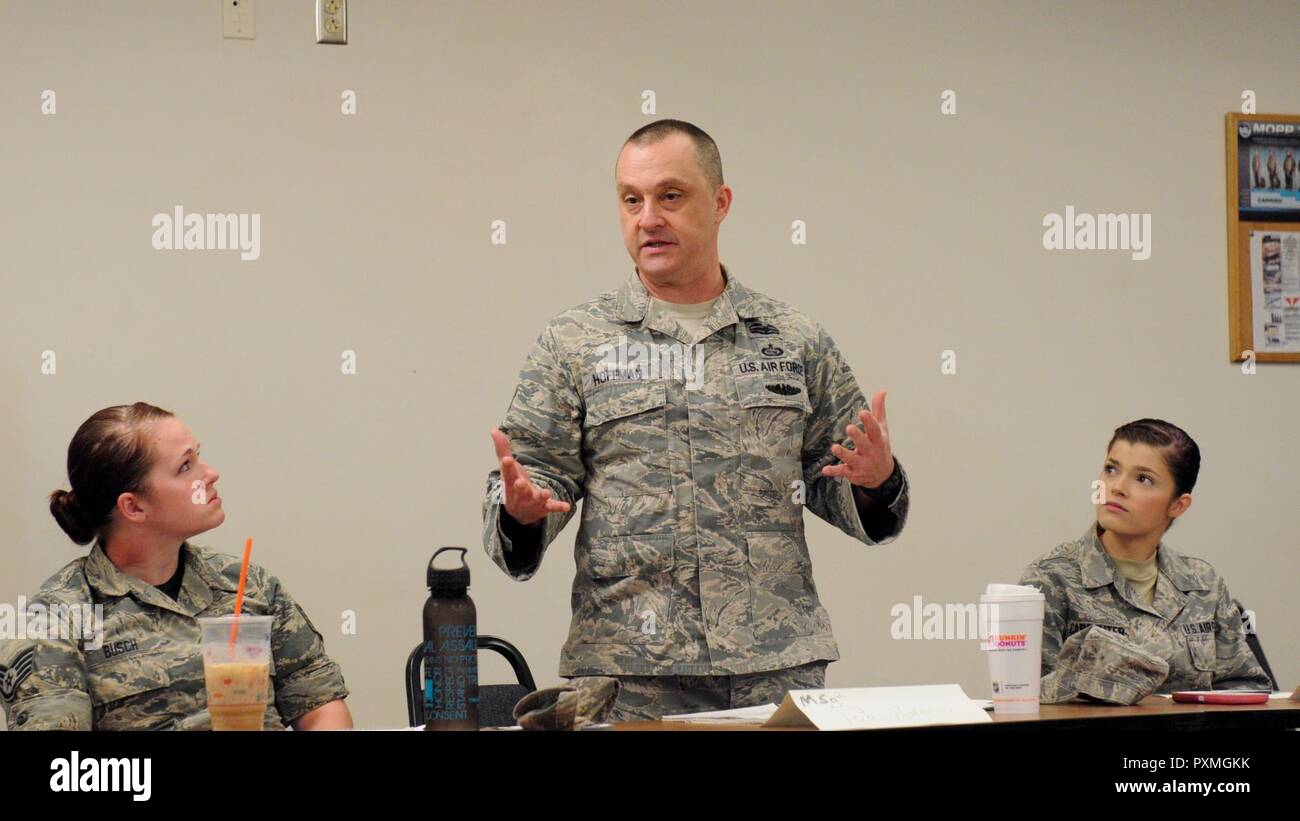 New York Air National Guard Staff Sgt. Duane Morgan and First Sgt. John Scheele role play to reinforce counseling techniques learned in the 174th Attack Wing leadership development course on June 7, 2017 at Hancock Field Air National Guard Base in Syracuse N.Y. In this scenario, Morgan was tasked with verbally counseling Scheele for unprofessional behavior. Classmates, facilitators, and Senior NCOs were able to provide feedback and offer suggestions in handling counseling sessions that provide for desired outcomes, proper documentation, and outlining measurable expectations. Stock Photo