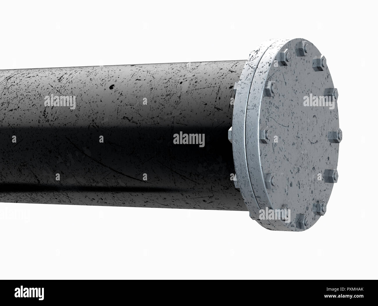 A PVC pipe with metal joins and flanges with bolts on an isolated