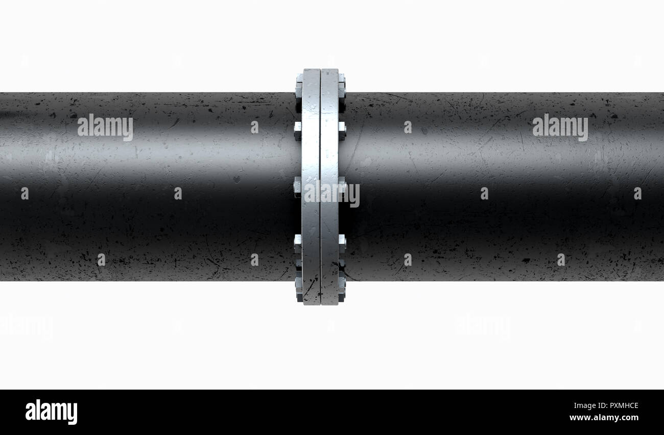 A PVC pipe with metal joins and flanges with bolts on an isolated