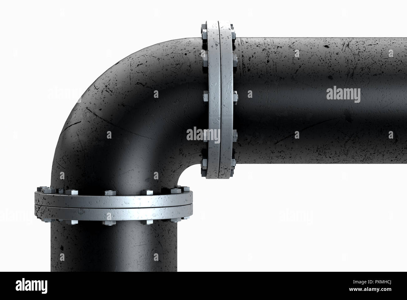 A PVC pipe with metal joins and flanges with bolts on an isolated