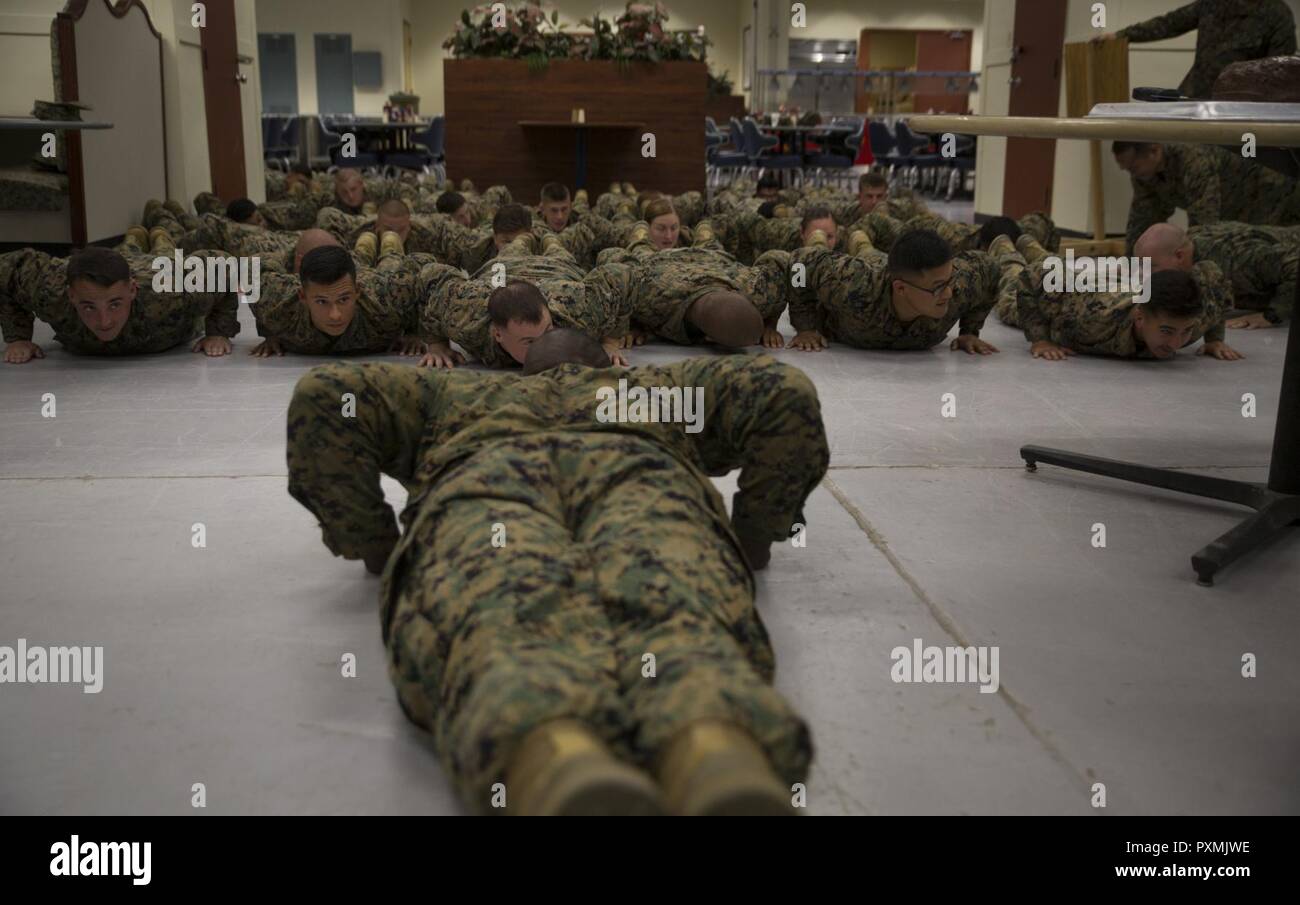 1st Sgt. Derrick Benbow, senior enlisted advisor of 3rd Law Enforcement Battalion, III Marine Headquarters Group, III Marine Expeditionary Force, alongside Marines and Corpsmen conduct pushups during the 119th Hospital Corpsman Birthday at Camp Mujuk, Pohang, Republic of Korea, June 17, 2017. Marines from Bravo Company, 3rd LE Bn, III MHG, III MEF and Corpsmen with 3rd Medical Battalion, 3rd Marine Logistics Group, III MEF came together to celebrate the birthday with a ceremonial cake cutting and birthday message reading from 3rd LE Bn senior enlisted advisor. Stock Photo