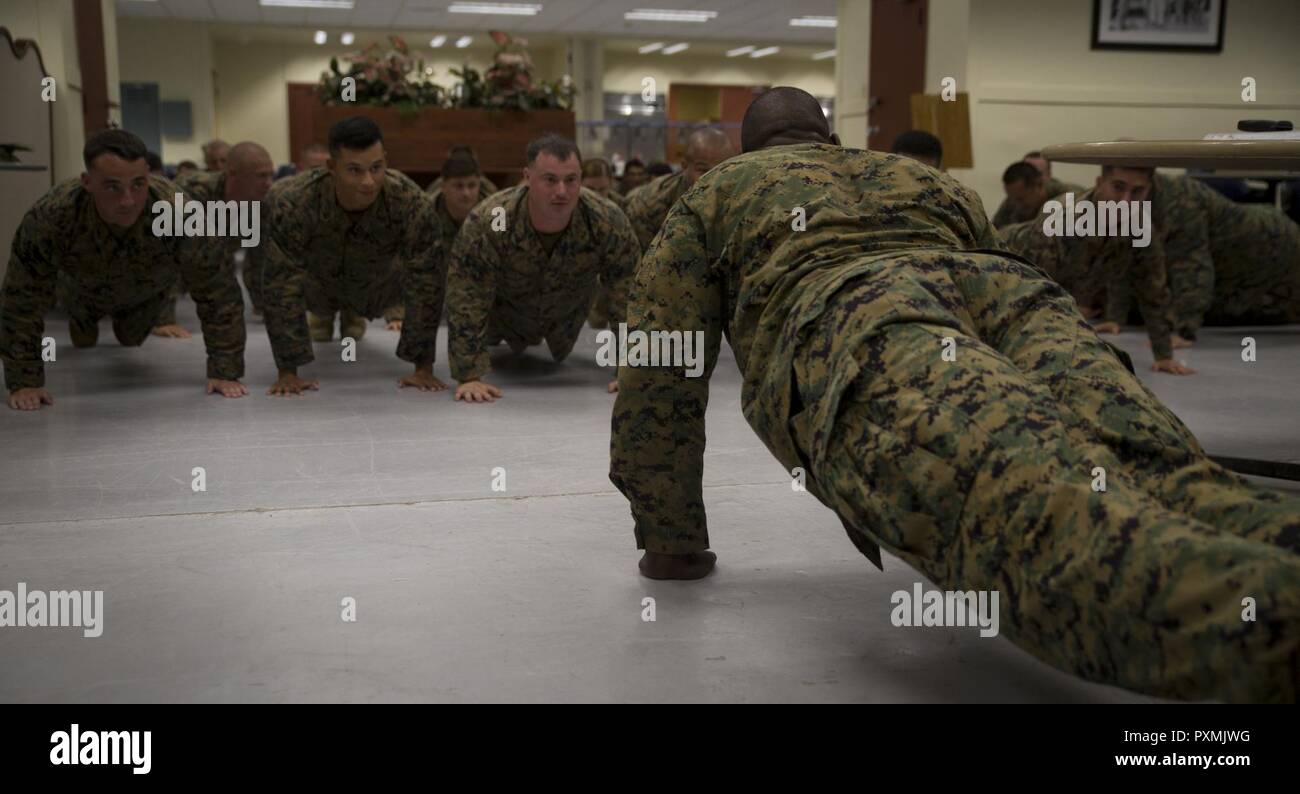 1st Sgt. Derrick Benbow, senior enlisted advisor of 3rd Law Enforcement Battalion, III Marine Headquarters Group, III Marine Expeditionary Force, alongside Marines and Corpsmen conduct pushups during the 119th Hospital Corpsman Birthday at Camp Mujuk, Pohang, Republic of Korea, June 17, 2017. Marines from Bravo Company, 3rd LE Bn, III MHG, III MEF and Corpsmen with 3rd Medical Battalion, 3rd Marine Logistics Group, III MEF came together to celebrate the birthday with a ceremonial cake cutting and birthday message reading from 3rd LE Bn senior enlisted advisor. Stock Photo