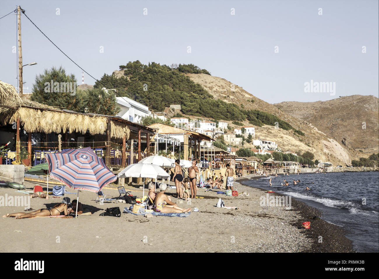 Europa, Ferien, Griechenland, Strand, Kueste, Kueste Urlauber, Touristen, Badeurlaub, Lesbos, Meer, Natur, Reise, Urlaub, aussen, Skala Eressou, Greec Stock Photo