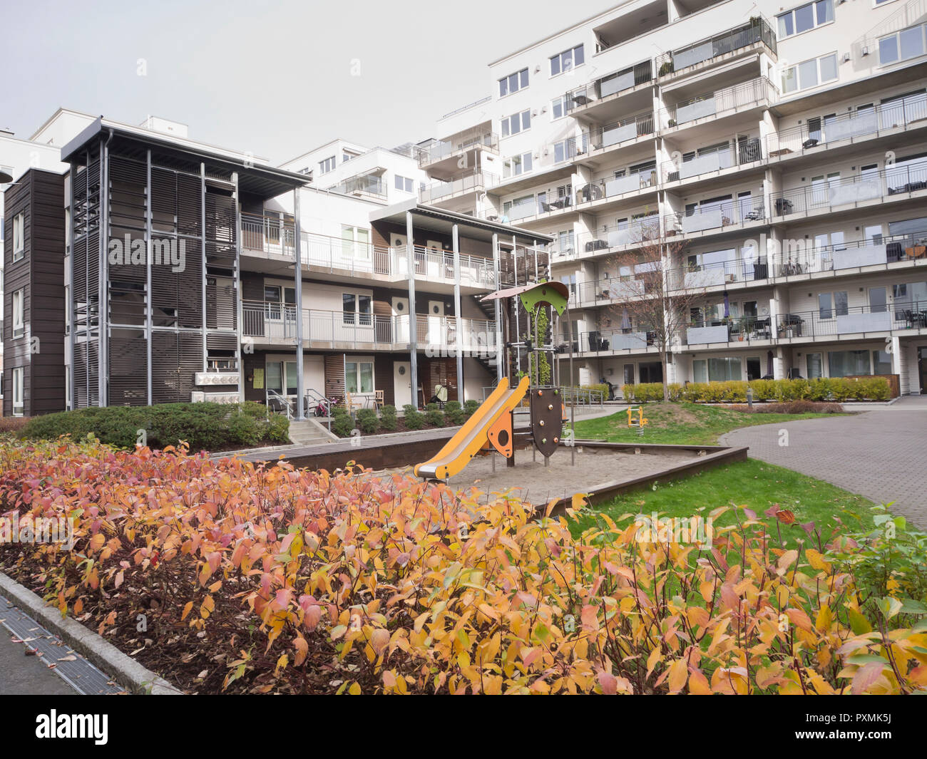 Løren, a modern residential neighbourhood in Oslo Norway,apartment block and playground Stock Photo