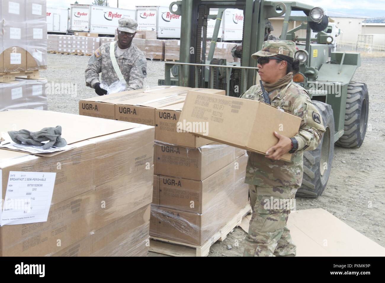 Soldiers from 46th Aviation Support Battalion pull orders on June 16, 2017 for shipment at Yakima Training Center, Wash. This was for exercise Bayonet Focus 17-03 which fed approximetly 7,000 people. Stock Photo