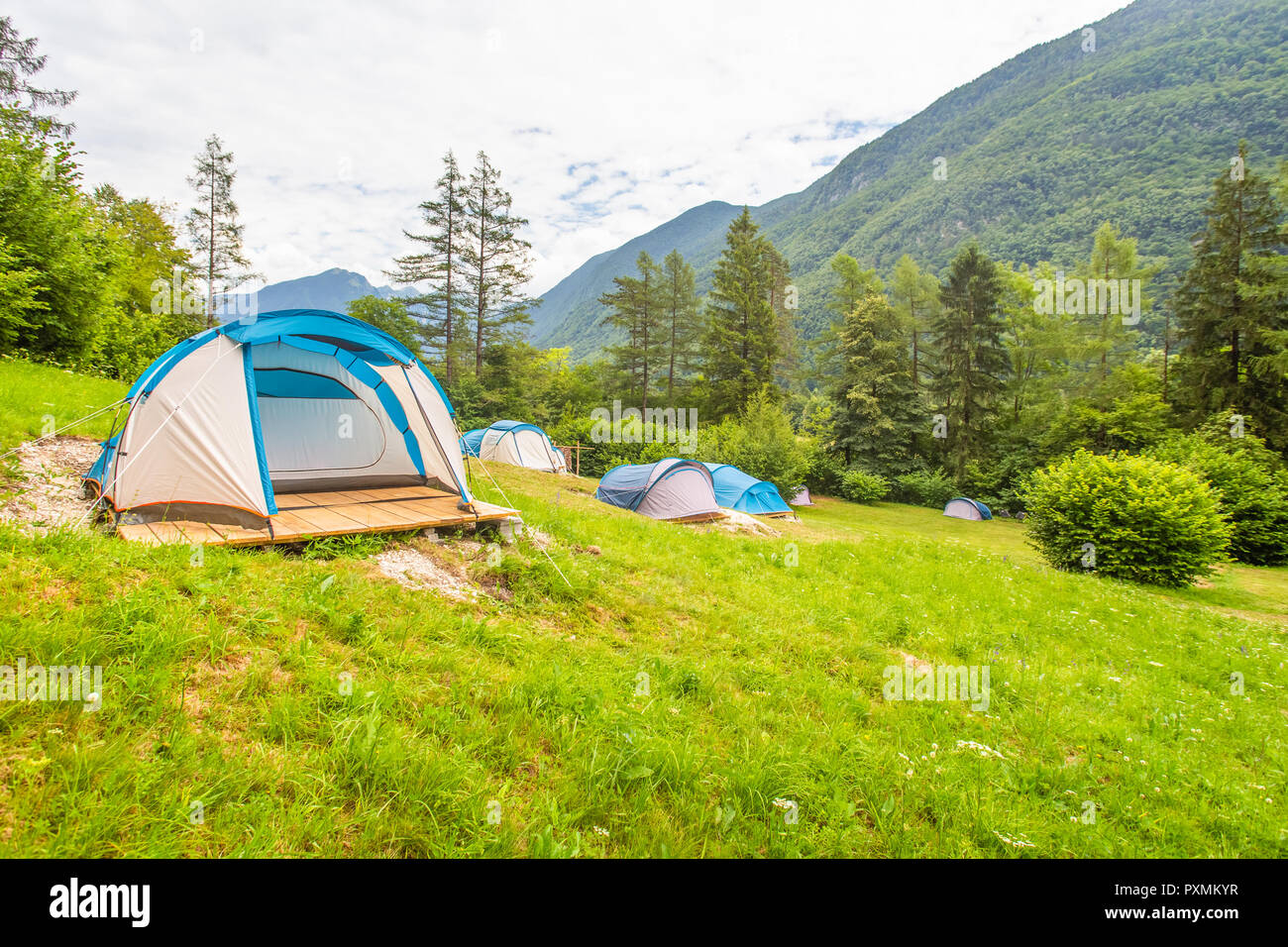 Tent site in Adrenaline Check eco camp resort in Slovenia. Stock Photo