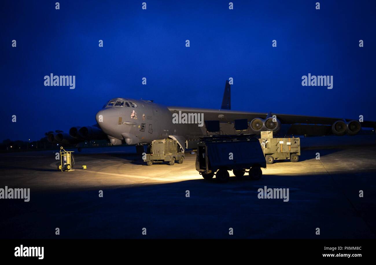 A B-52H Stratofortress is prepared for a weapons load at Royal Air Force Fairford, United Kingdom, June 7, 2017. The B-52 long-range conventional and nuclear bomber is capable of dropping or launching the widest array of weapons in the U.S. inventory, including gravity bombs, cluster bombs, precision-guided missiles and joint direct attack munitions. Three B-52s from Barksdale Air Force Base, La., deployed to RAF Fairford to support exercises Arctic Challenge, BALTOPS 17 and Saber Strike 17. U.S. Strategic Command routinely conducts bomber operations across the globe as a demonstration of U.S. Stock Photo