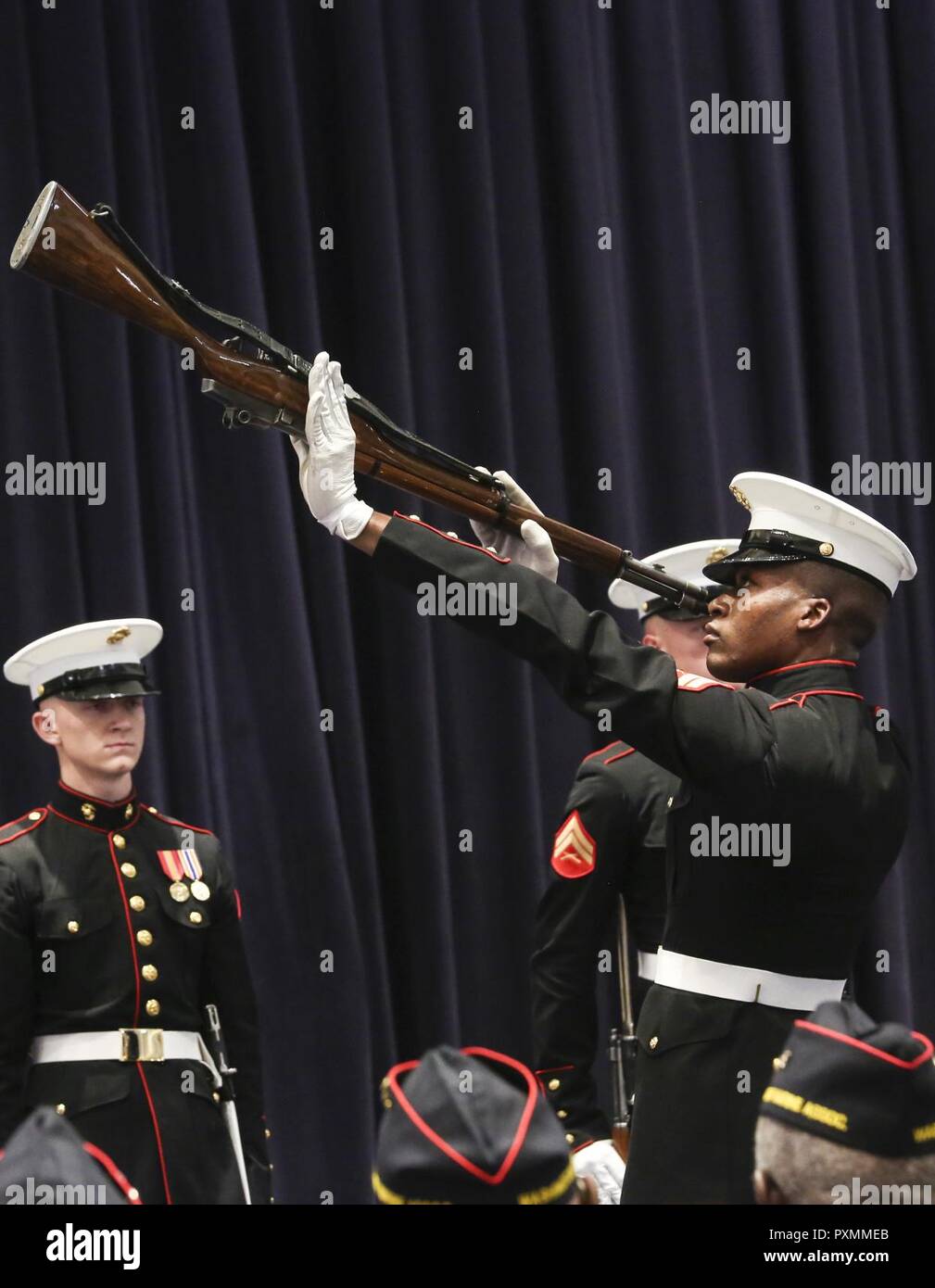 Marines with the rifle inspection team, U.S. Marine Corps Silent Drill ...