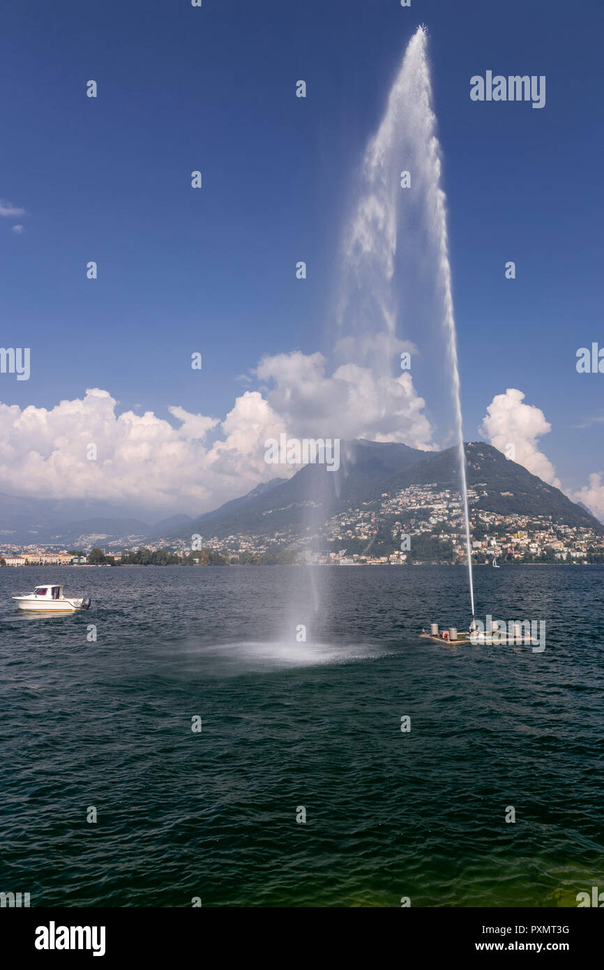 Fountain at Lugano in Lake Lugano, Switzerland Stock Photo
