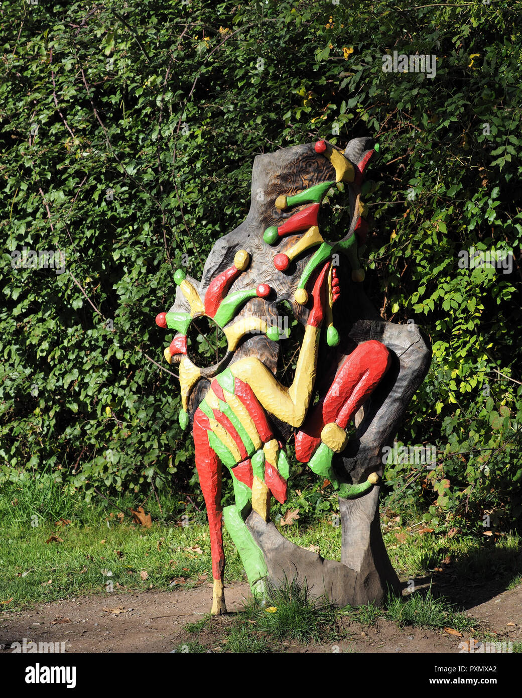 The Jester wood sculpture at Inch field beside Cahir Castle, County Tipperary, Ireland Stock Photo