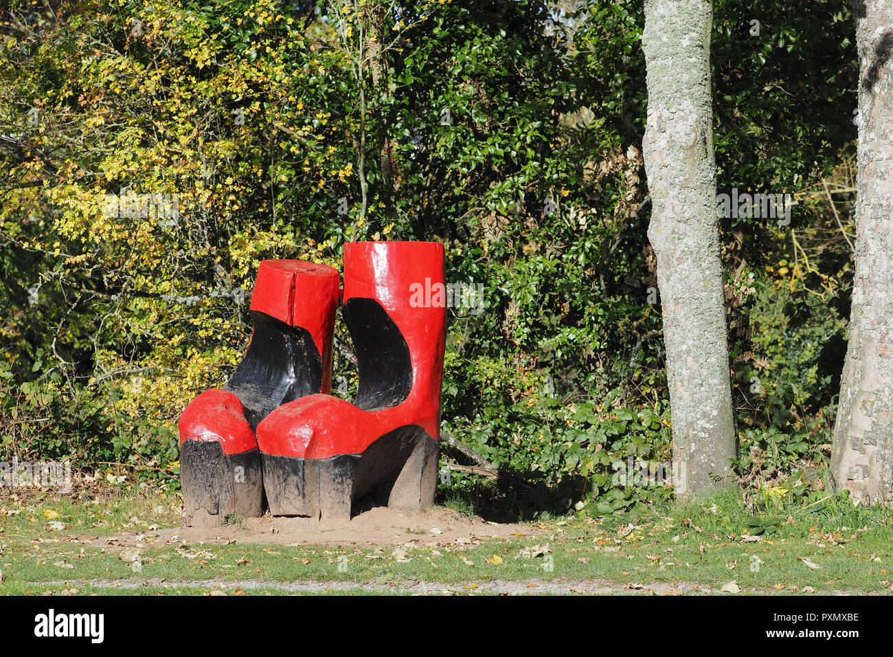Wood carving called Foot in both camps at Inch field beside Cahir castle, County Tipperary, Ireland Stock Photo